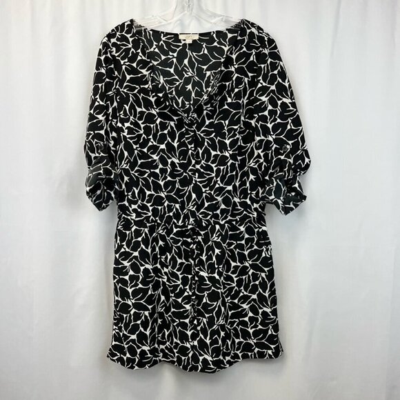 Loft Womens Romper Playsuit Black White Floral Short Sleeve Roll Tab Button 4 - Picture 1 of 11